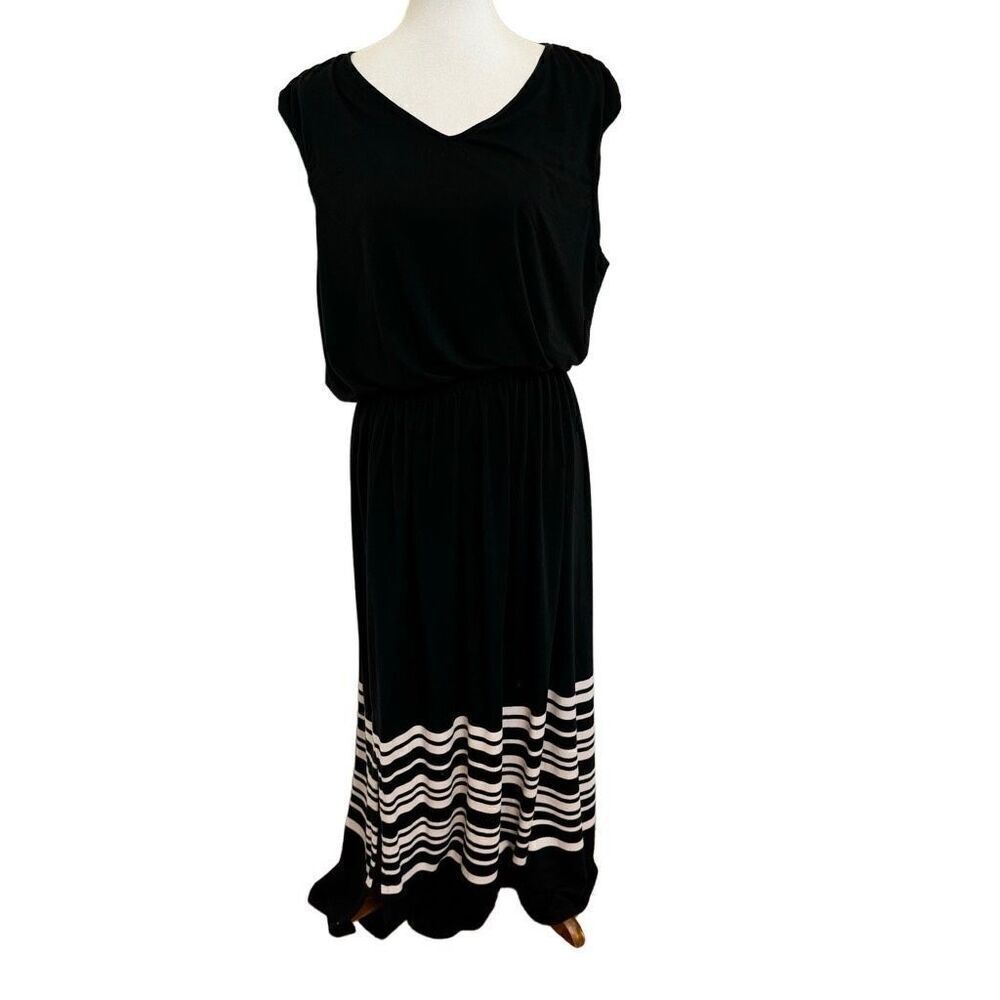 Garnet Hill V-Neck Cap-Sleeve Maxi Dress Black with Ebony Cream Stripes Size XL